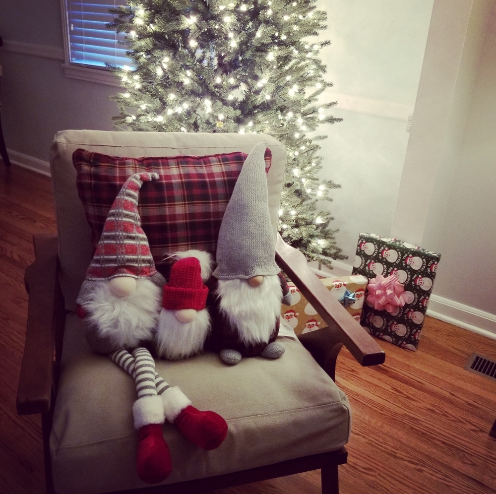 Set of 3 new gnomes + plaid pillow.
